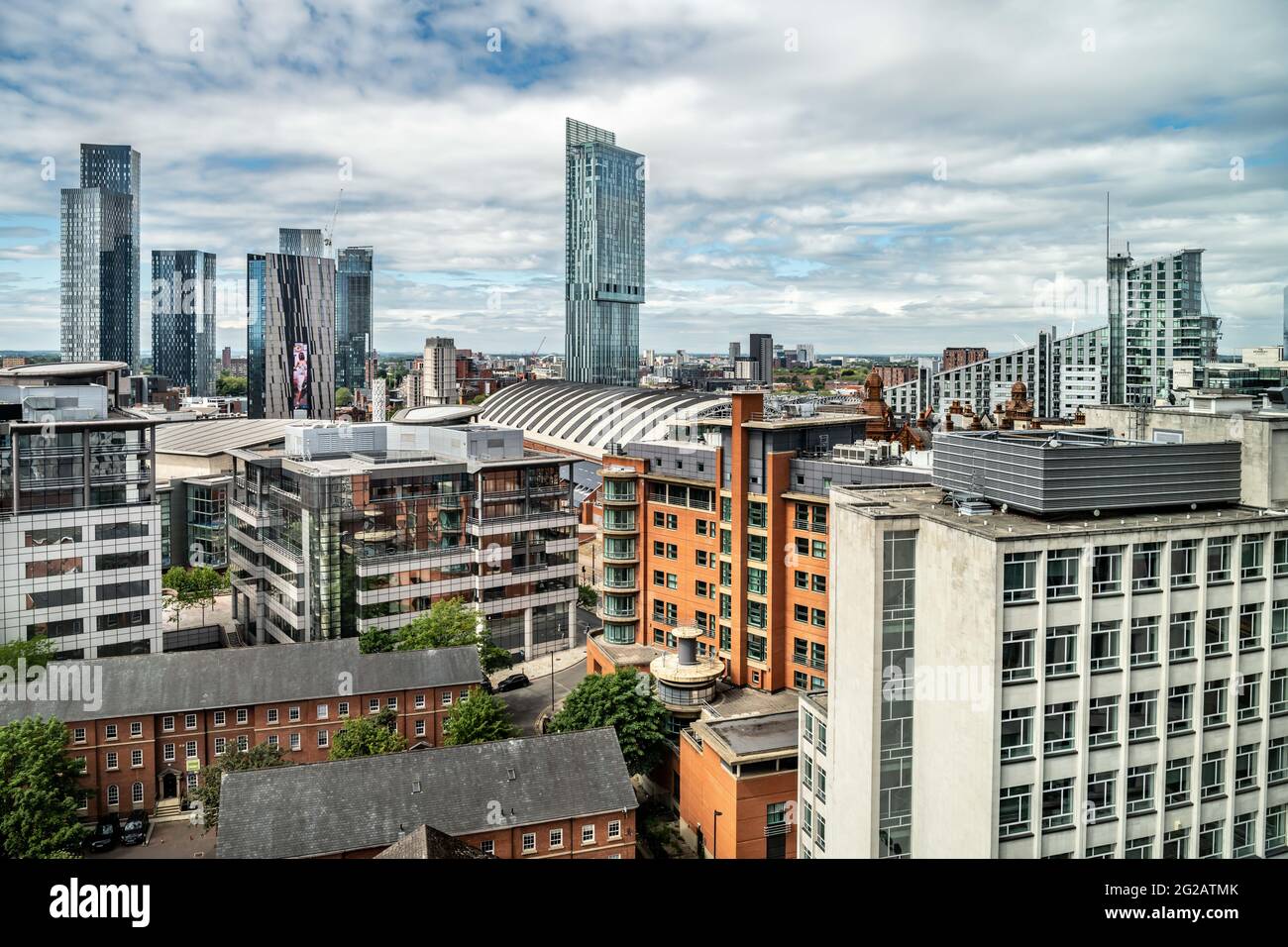 Manchester skyline showing Beetham Tower and new Deansgate Square development. Stock Photo