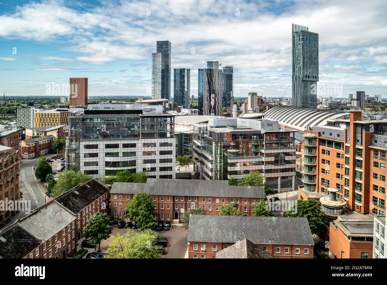 Manchester skyline showing Beetham Tower and new Deansgate Square development. Stock Photo