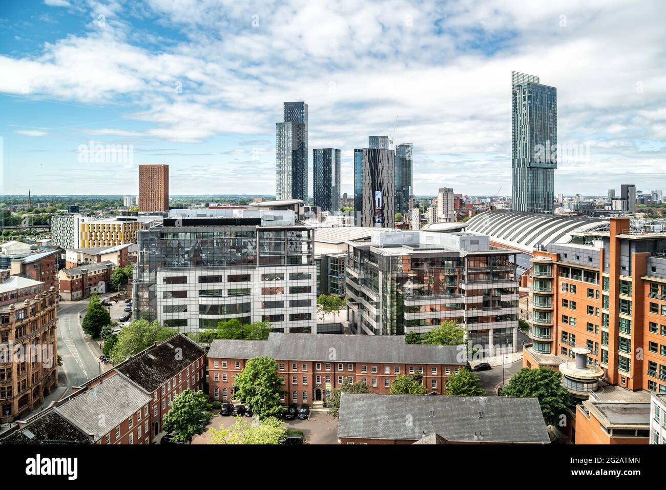Manchester skyline showing Beetham Tower and new Deansgate Square development. Stock Photo