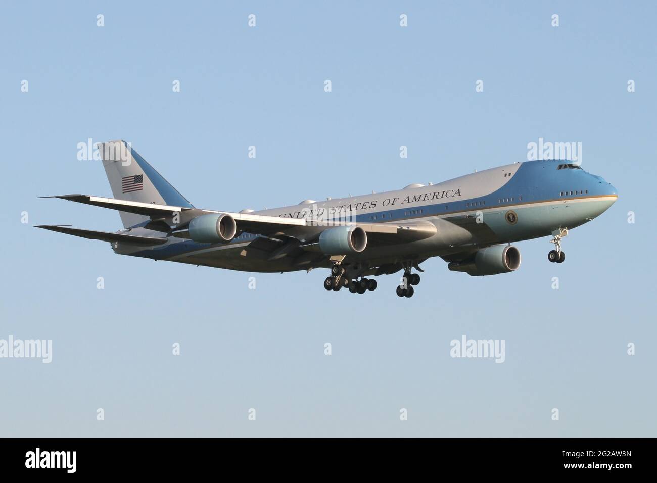 USAF VC-25A 82-8000, callsign Air Force One landing at RAF Mildenhall in Suffolk with President Joe Biden onboard for the g7 in the UK. Stock Photo