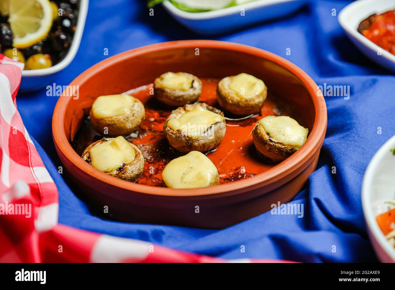 Portobello mushroom chees with blue background red Stock Photo Alamy