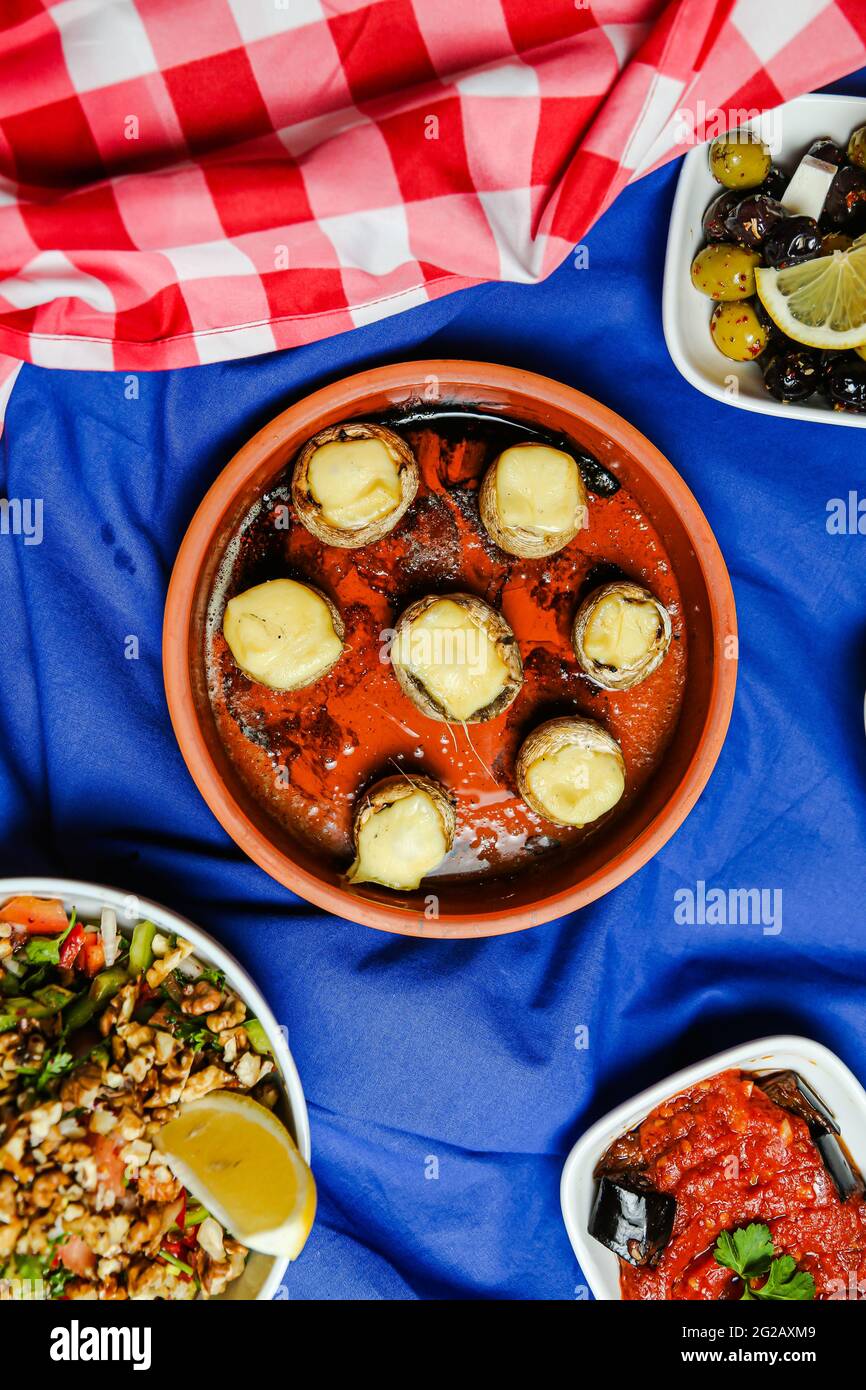 Portobello mushroom chees with blue background red Stock Photo Alamy