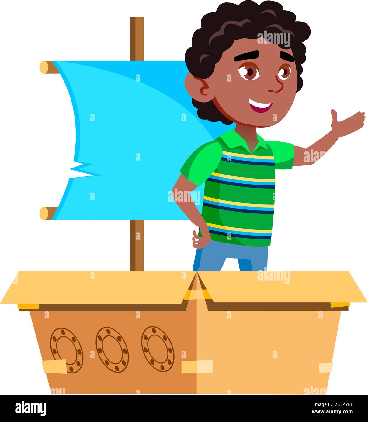 little boy playing captain and floating on carton boat cartoon vector