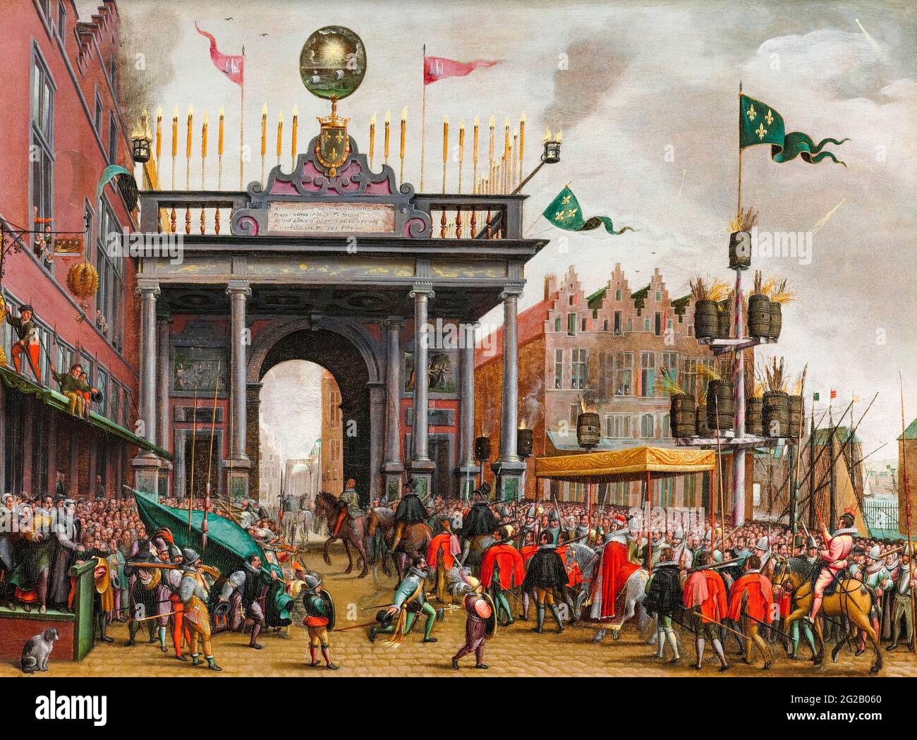 Entry of Françis, Duke of Anjou (1555-1584) into Antwerp under the Triumphal Arch at St. Jan's Bridge on 19 February 1582, painting by Monogrammist MHVH, 1582-1600 Stock Photo
