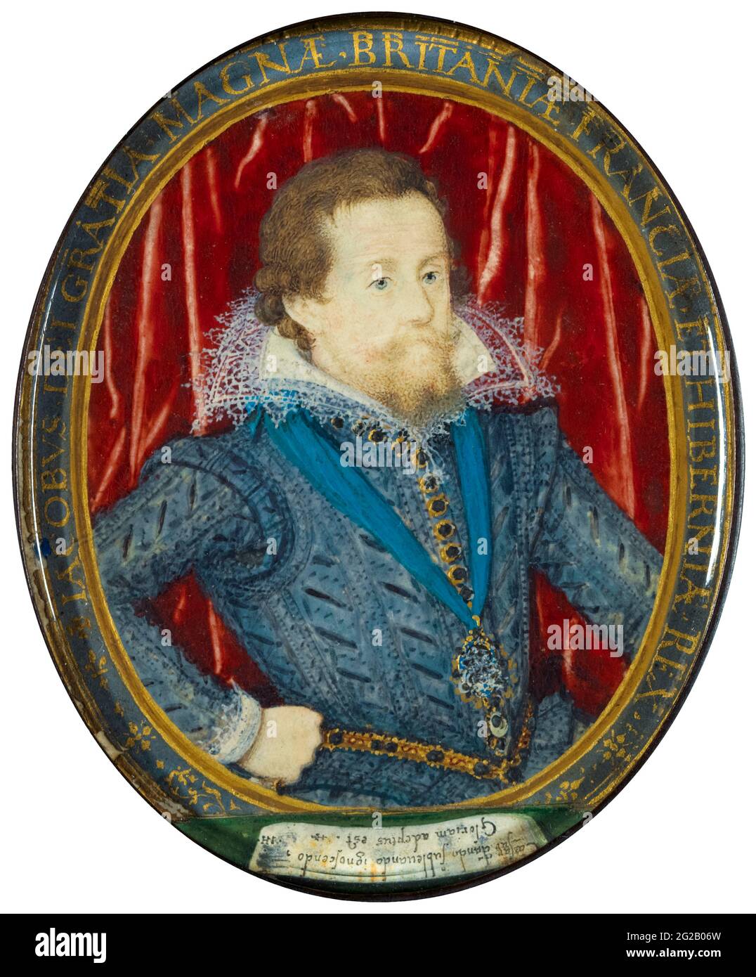 James I of England (James VI of Scotland), James Charles Stuart (1566-1625), British King, portrait miniature by Nicholas Hilliard, circa 1610 Stock Photo