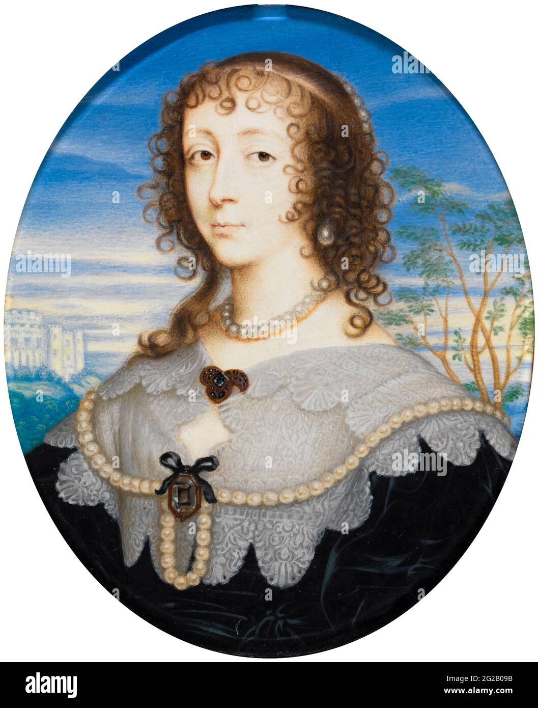 Queen Henrietta Maria (1609-1669), Queen consort and wife of Charles I of England, Scotland, and Ireland, portrait miniature by David Des Granges after Sir Anthony Van Dyck, painting after 1636 Stock Photo