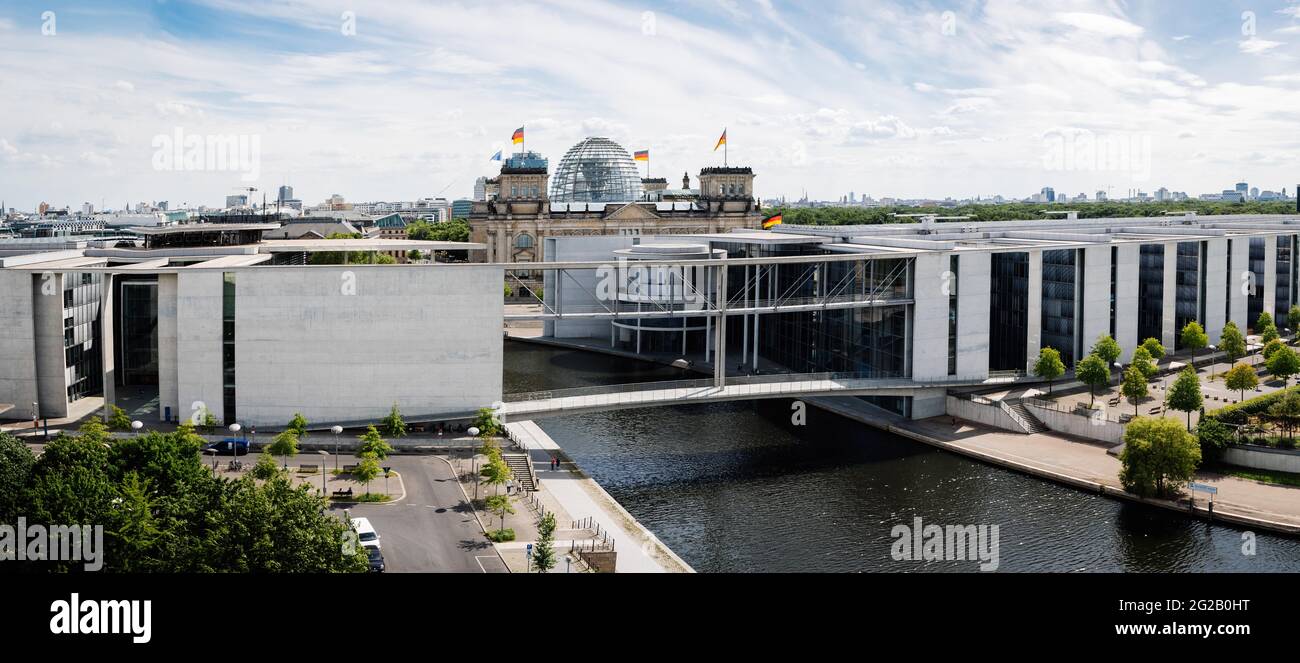 Scenic view of German Government District along Spree river with Reichstag Stock Photo