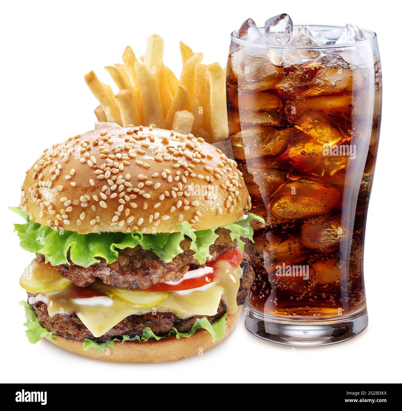 Delicious hamburger with cola and potato fries. Fast food concept. File ...