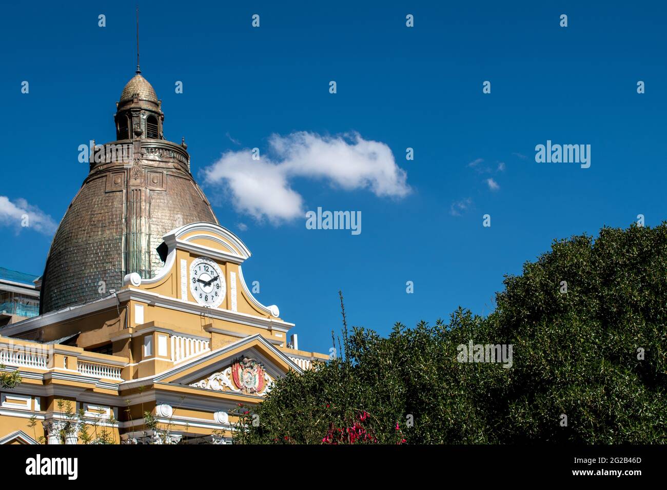 Backwards clock on top of the House of Congress on Plaza Murillo in La Paz, Bolivia Stock Photo