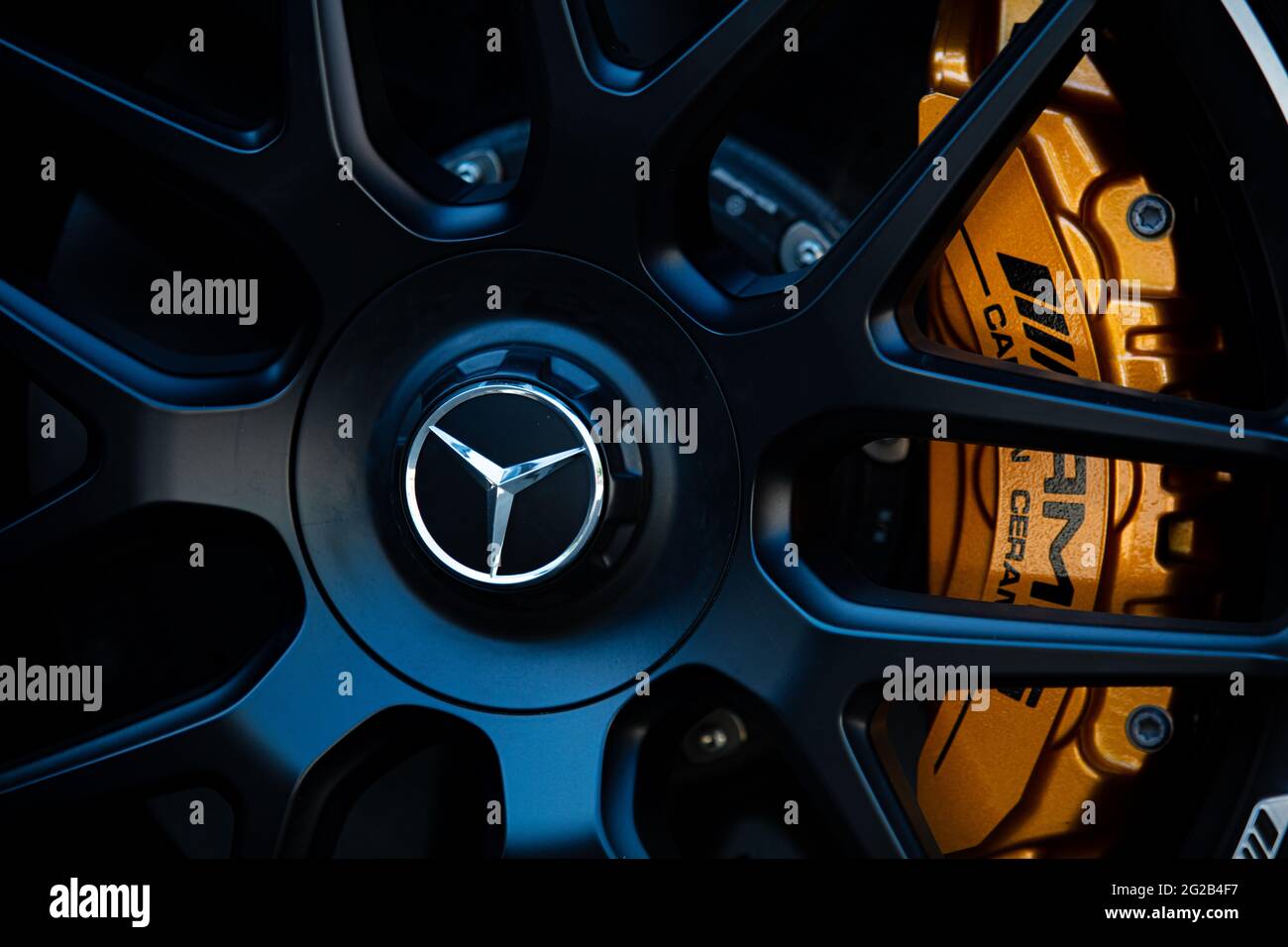 Stuttgart, Germany - June, 2021: Mercedes-Benz wheel. Mercedes amg carbon ceramic brakes Stock Photo