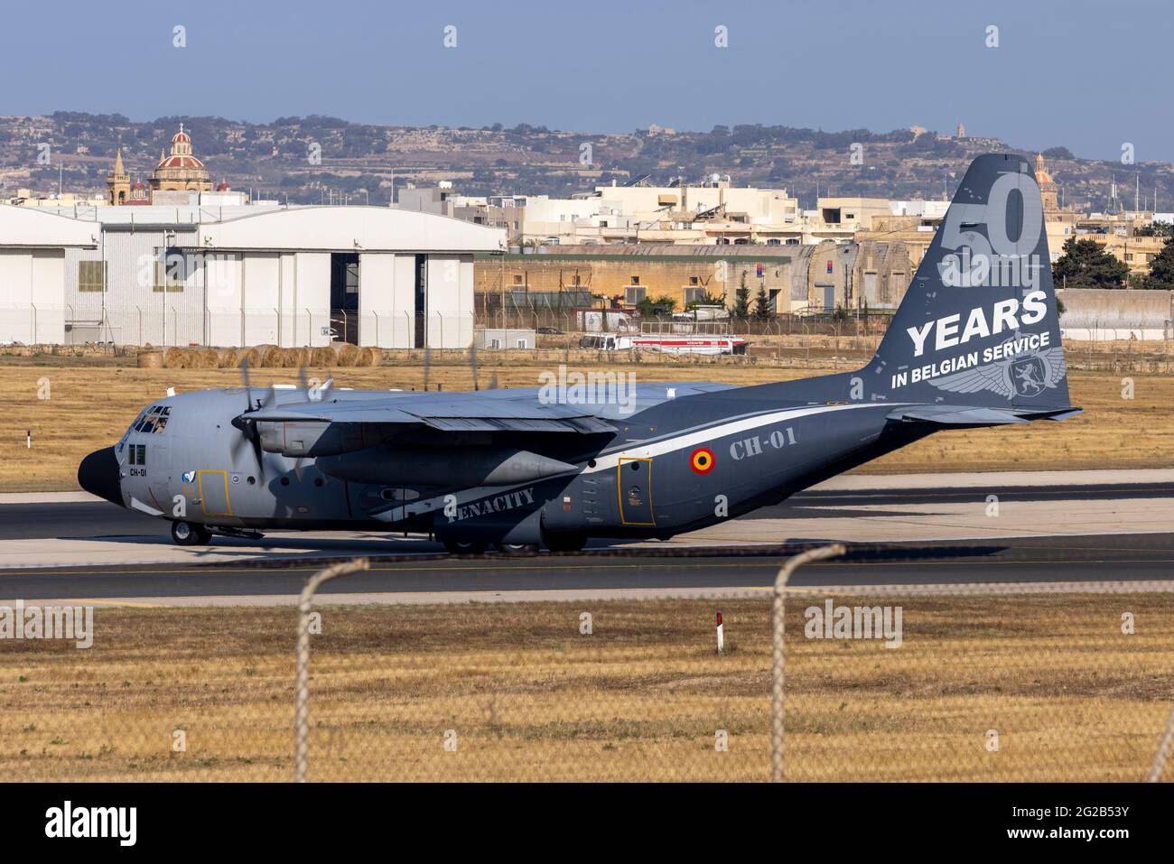 Belgian Air Force Lockheed C-130H Hercules (REG: CH-01) recently painted in special 50 years of service color scheme. Stock Photo
