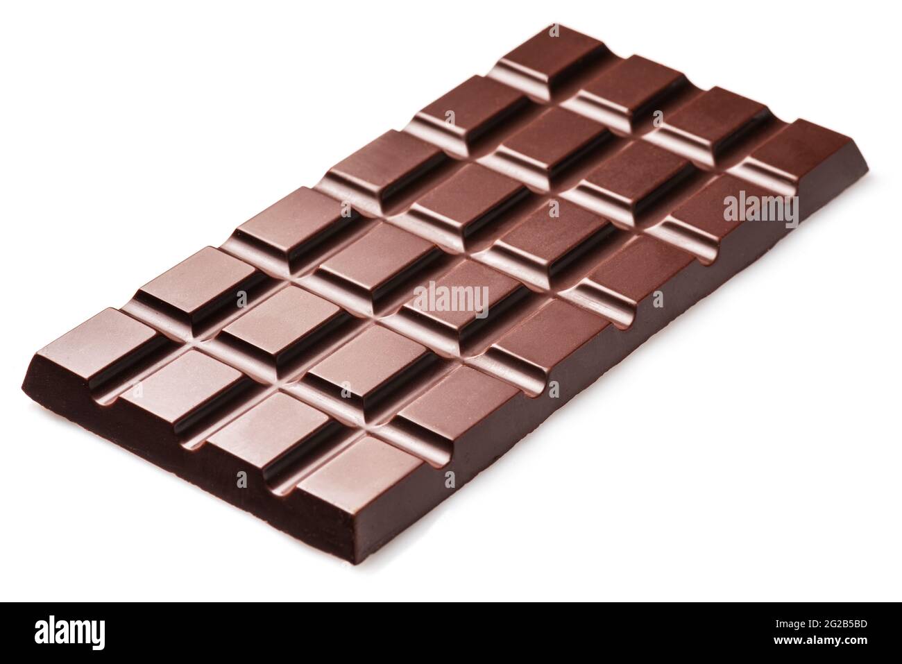 Dark chocolate bar isolated on white background. Sweet food is made of cocoa and sugar. Stock Photo