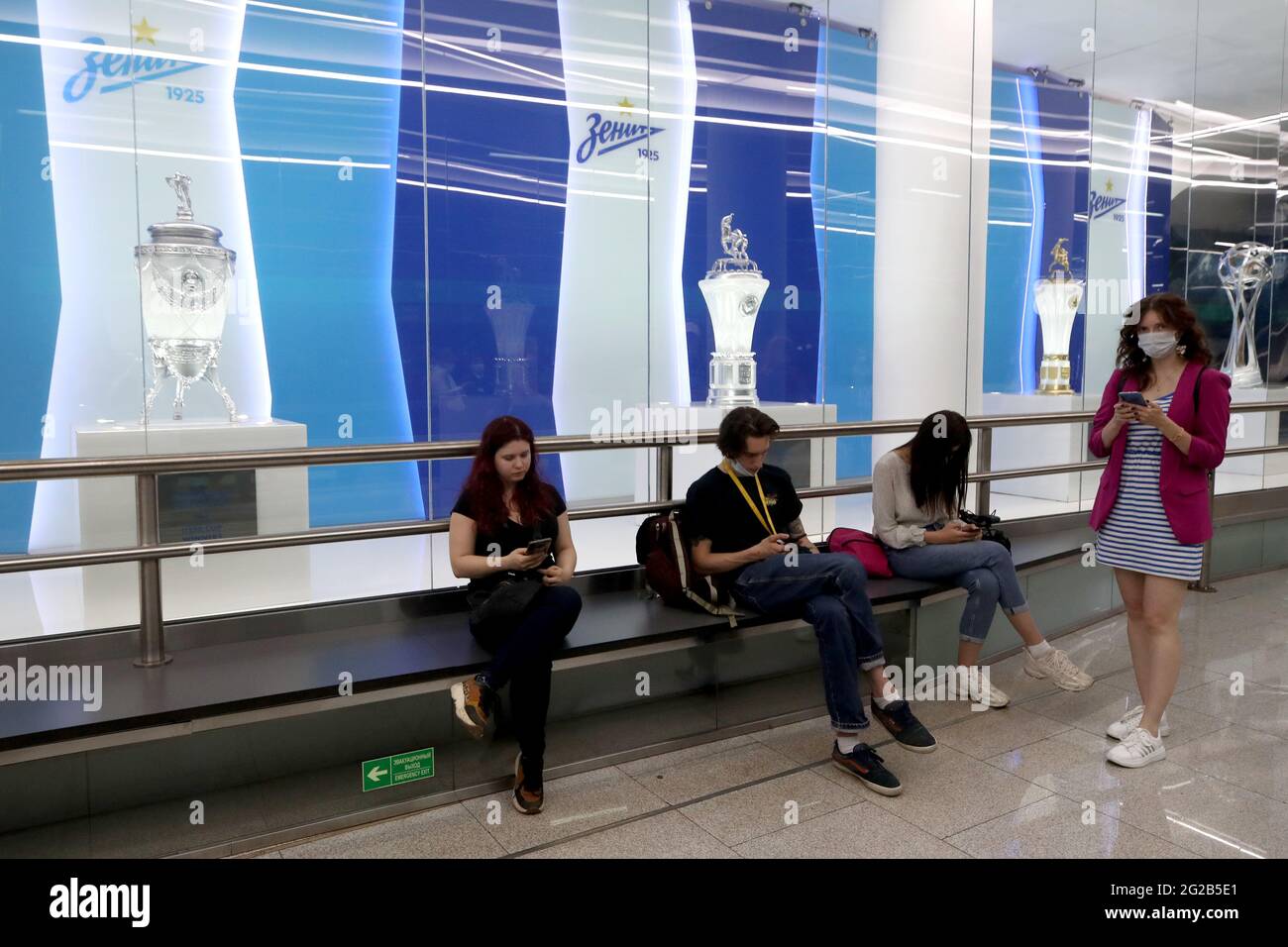 St Petersburg Russia 10th June 21 Passengers At The Zenit Station Of St Petersburg Metro Reopened After Renovation The Station Was Opened In 18 Under The Name Of Novokrestovskaya In It St Petersburg Russia 10th June 21 Passengers At The Zenit Station Of St Petersburg Metro Reopened After Renovation The Station Was Opened In 18 Under The Name Of Novokrestovskaya In It