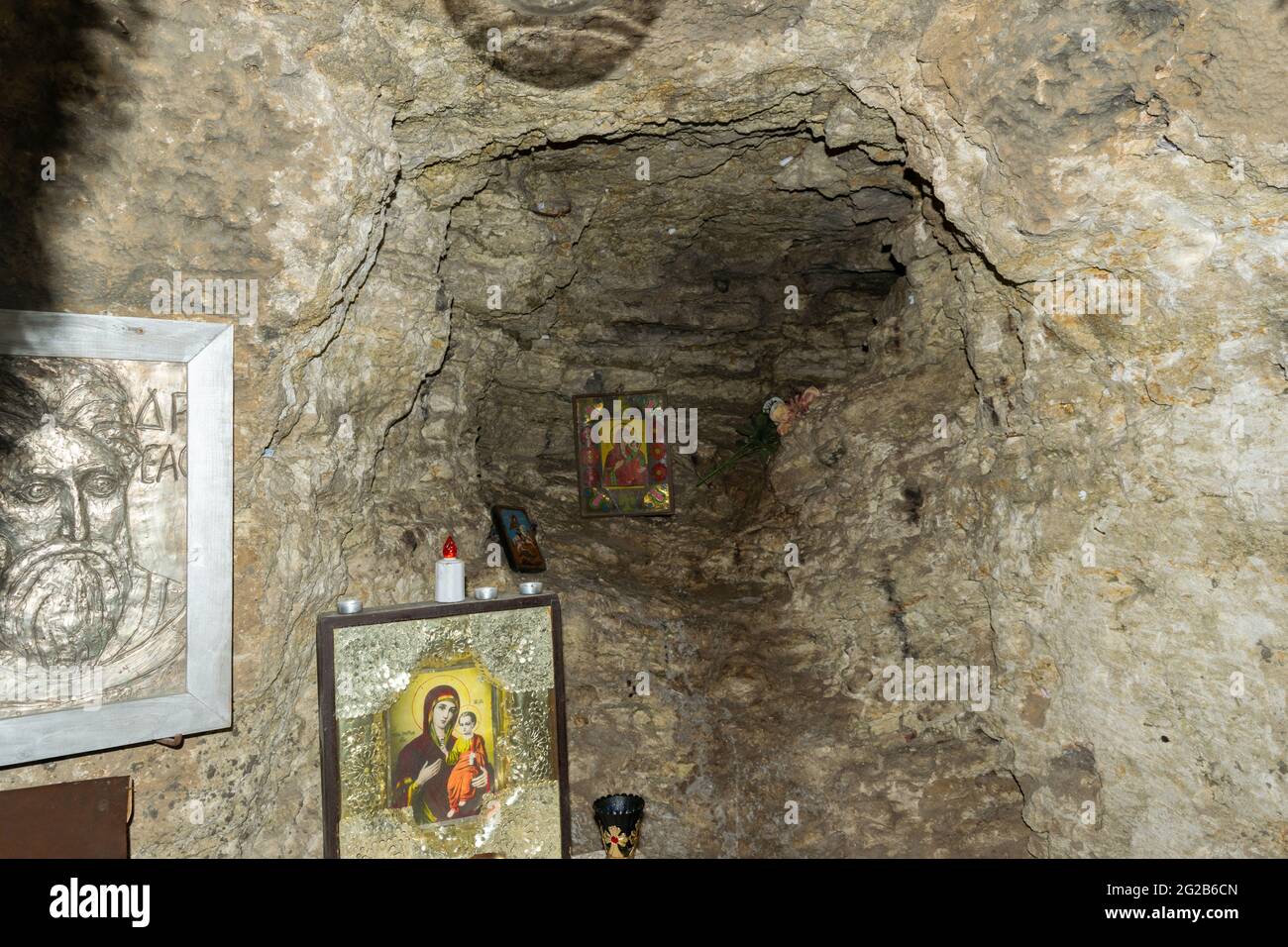 Constanta, Romania - August 04, 2020: The rock shrine inside Saint Andrew Cave in Dobrogea, Romania. Stock Photo