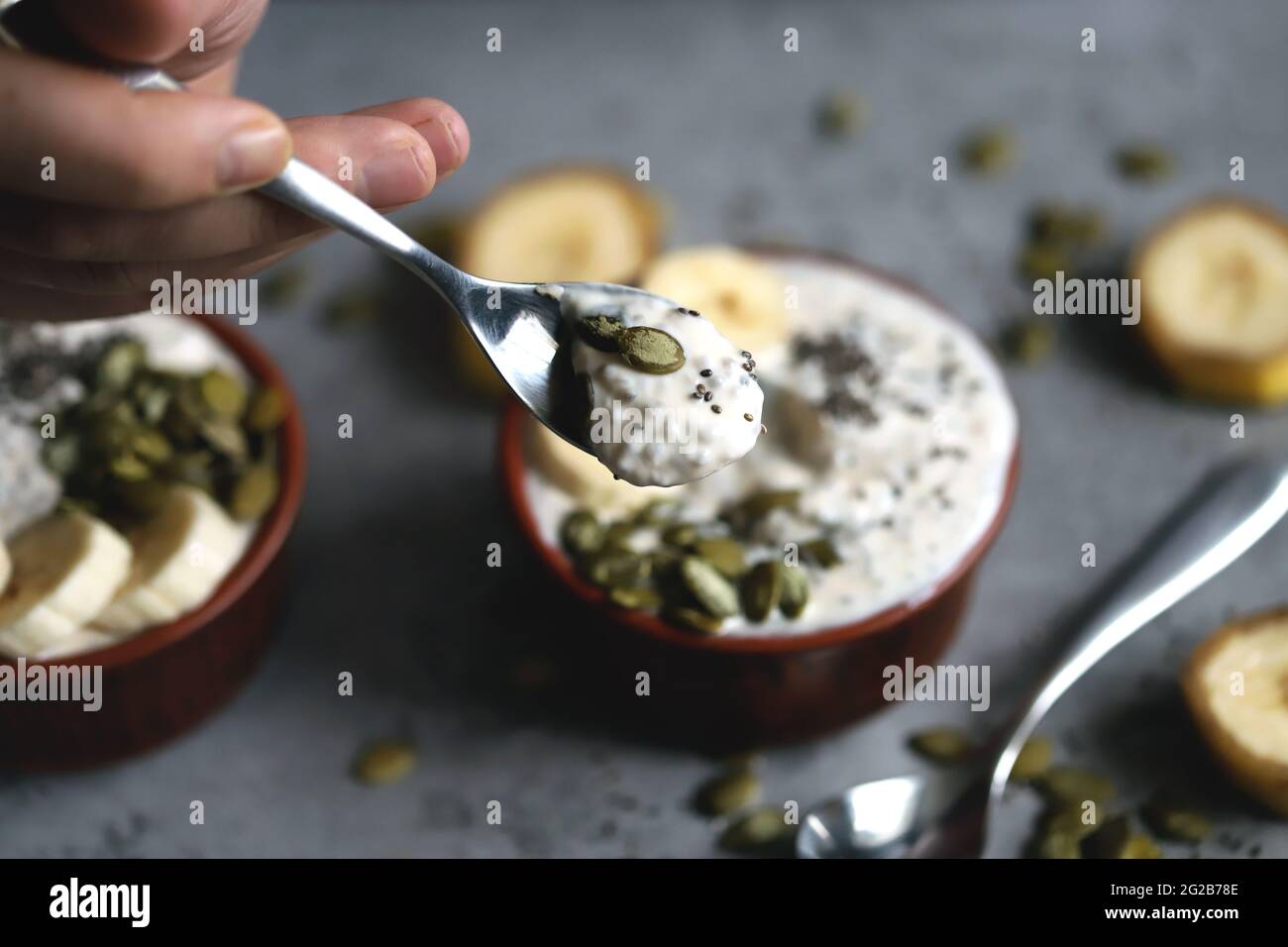 Healthy chia yogurt with seeds and banana Stock Photo Alamy