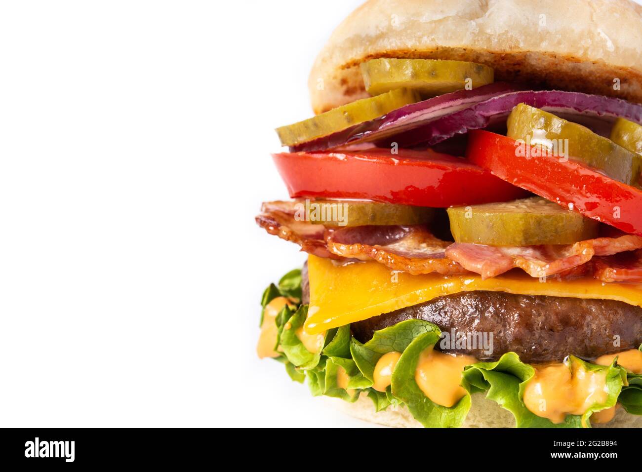 Beef burger with bacon isolated on white background Stock Photo - Alamy