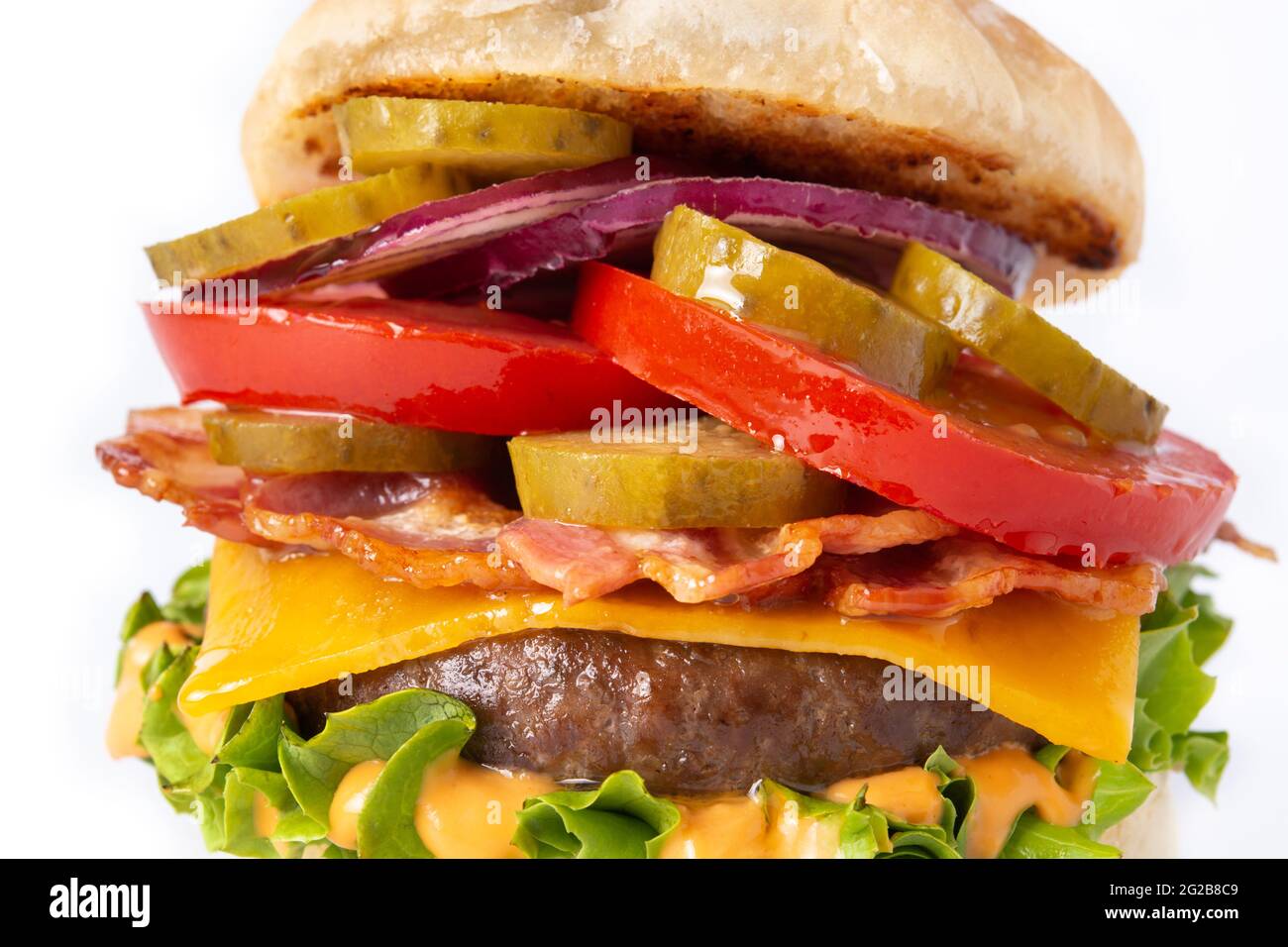 Beef burger with bacon isolated on white background Stock Photo