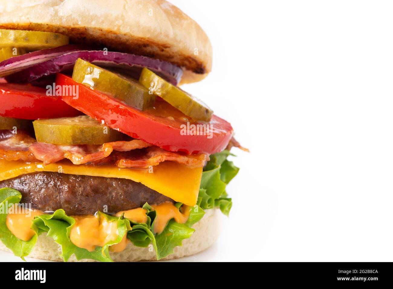 Beef burger with bacon isolated on white background Stock Photo - Alamy