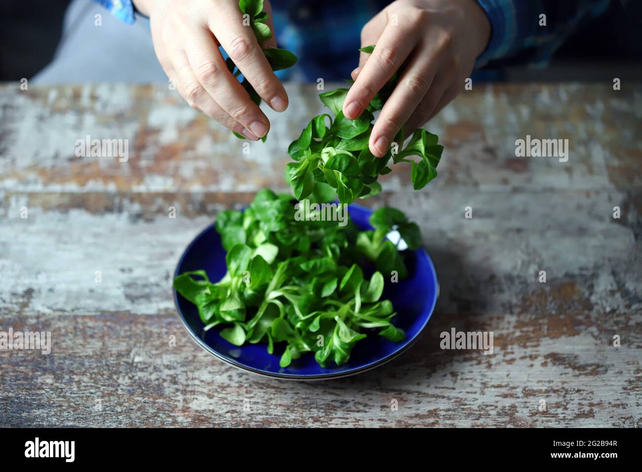 Fresh salad mash in male hands. Vegan food. Diet concept. Stock Photo