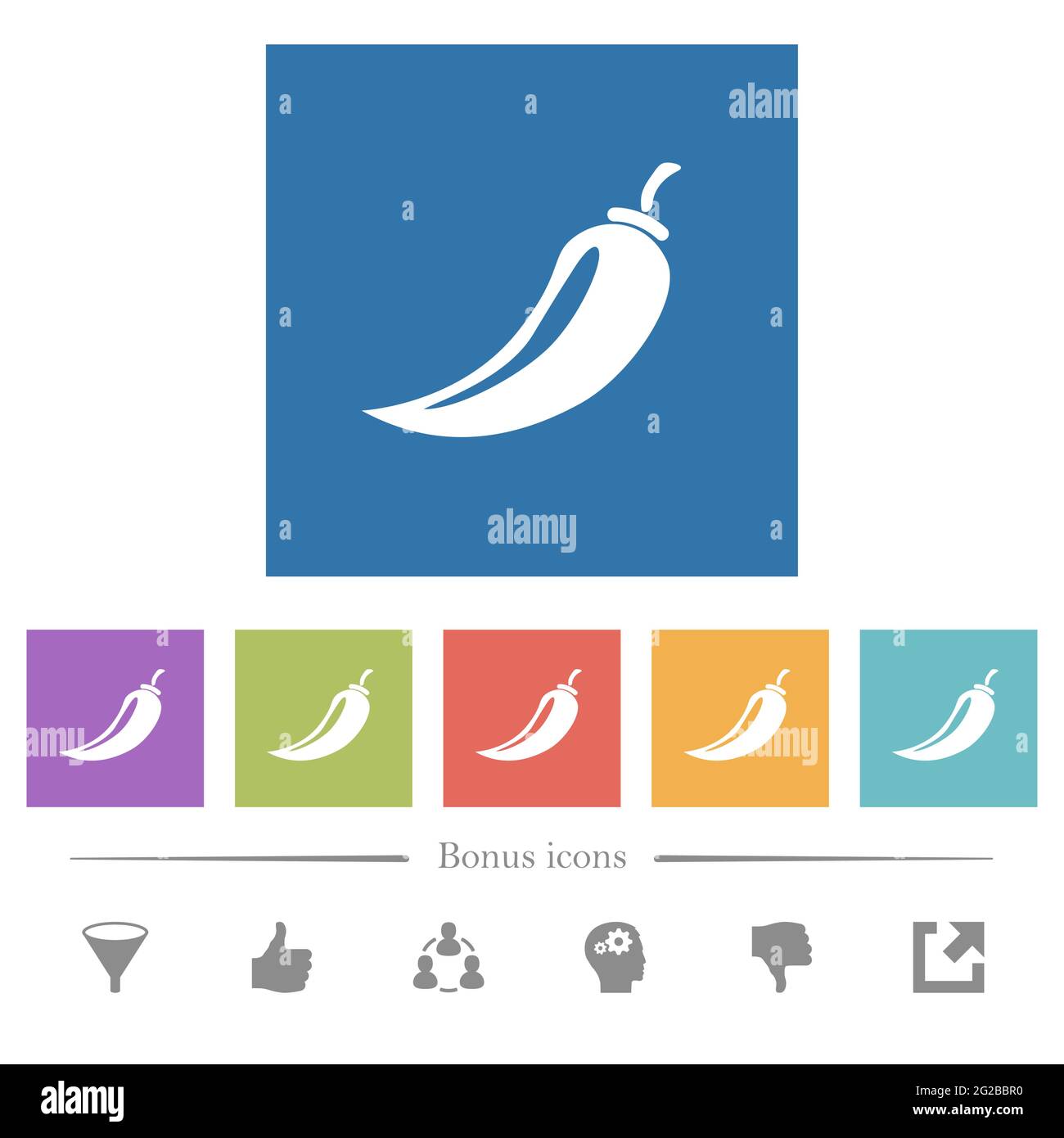 Chili pepper flat white icons in square backgrounds. 6 bonus icons ...