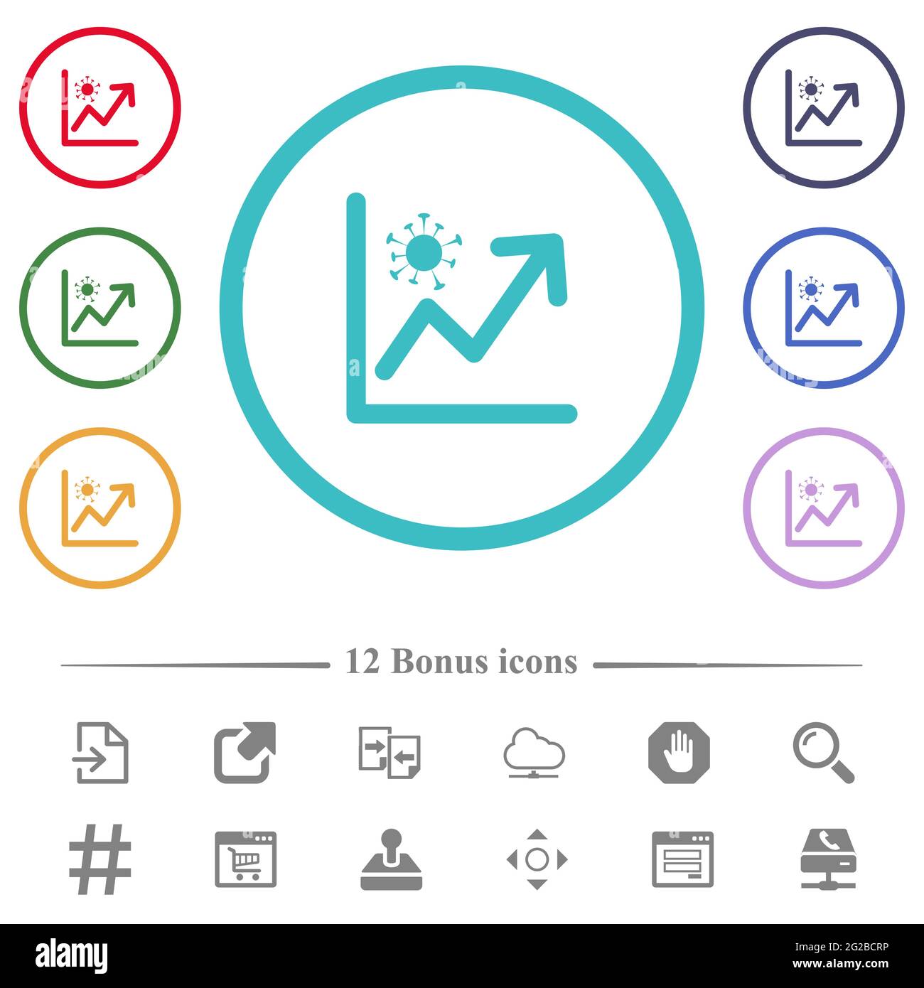 Rising covid graph flat color icons in circle shape outlines. 12 bonus ...