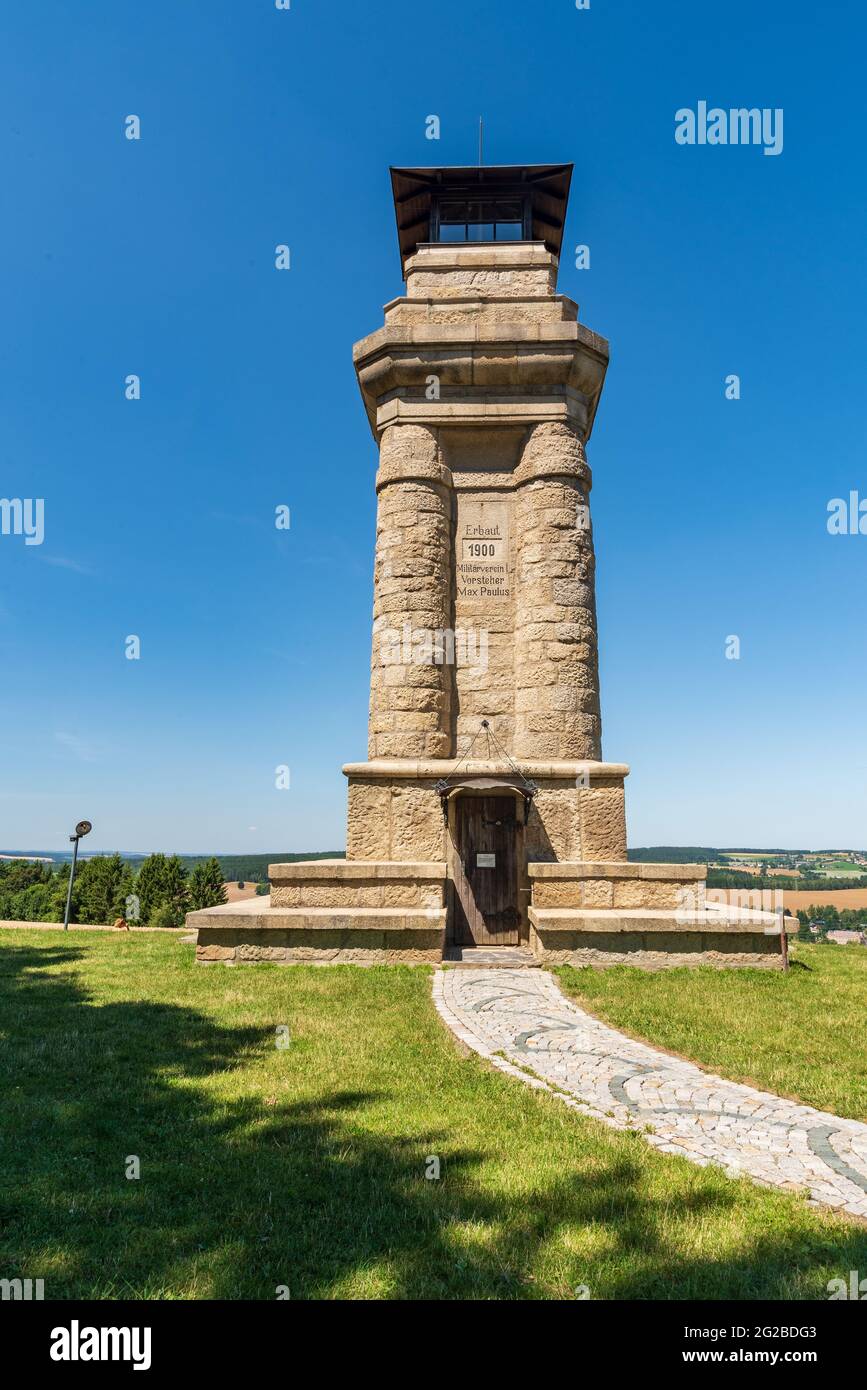 Historical Bismarcksaule view tower above Markneukirchen town in Germany near borders with Czech republic Stock Photo