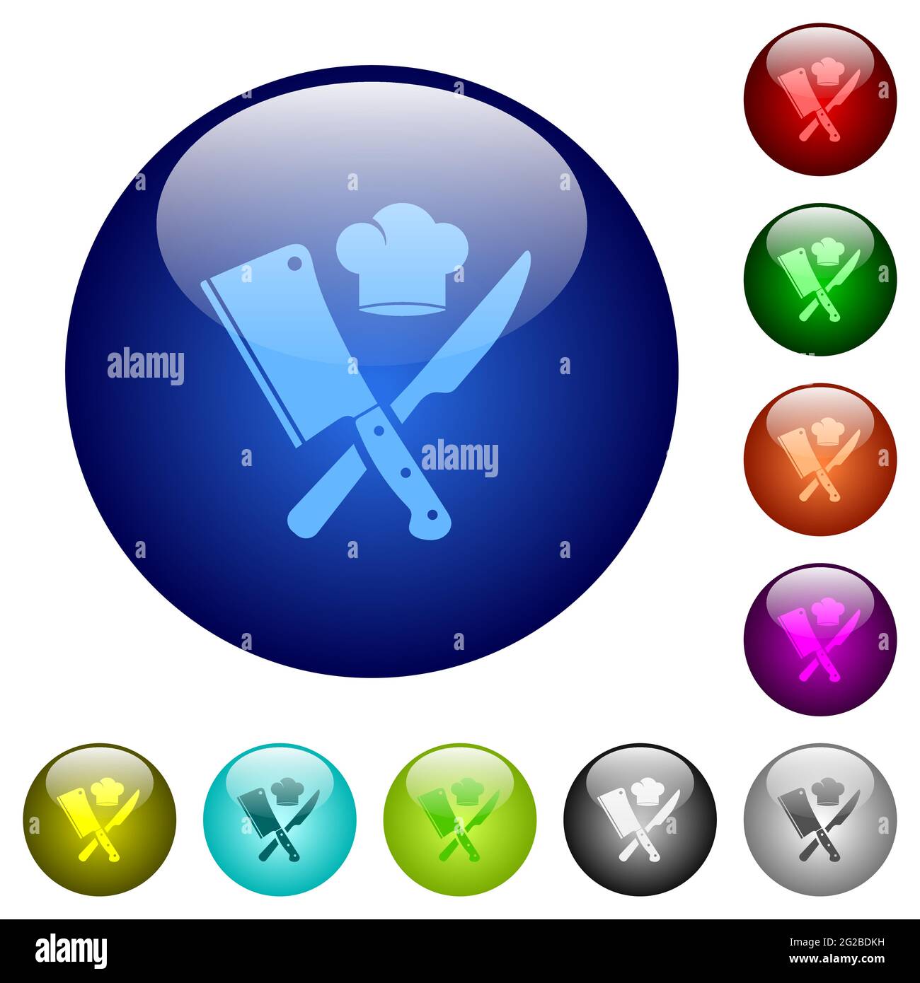 Crossed meat cleaver and knife with chef hat icons on round glass ...