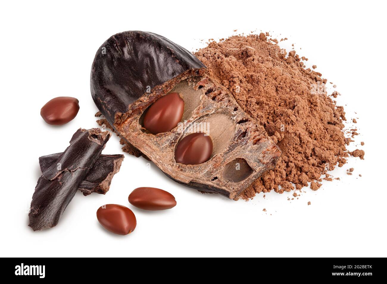 Carob pod and powder isolated on white background with clipping path