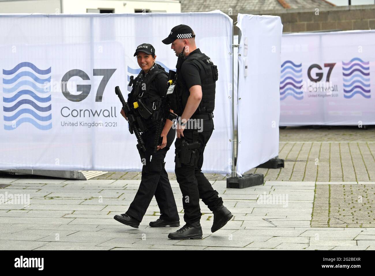 Police at the media centre in Falmouth, ahead of the G7 summit in Cornwall. Picture date: Thursday June 10, 2021. Stock Photo