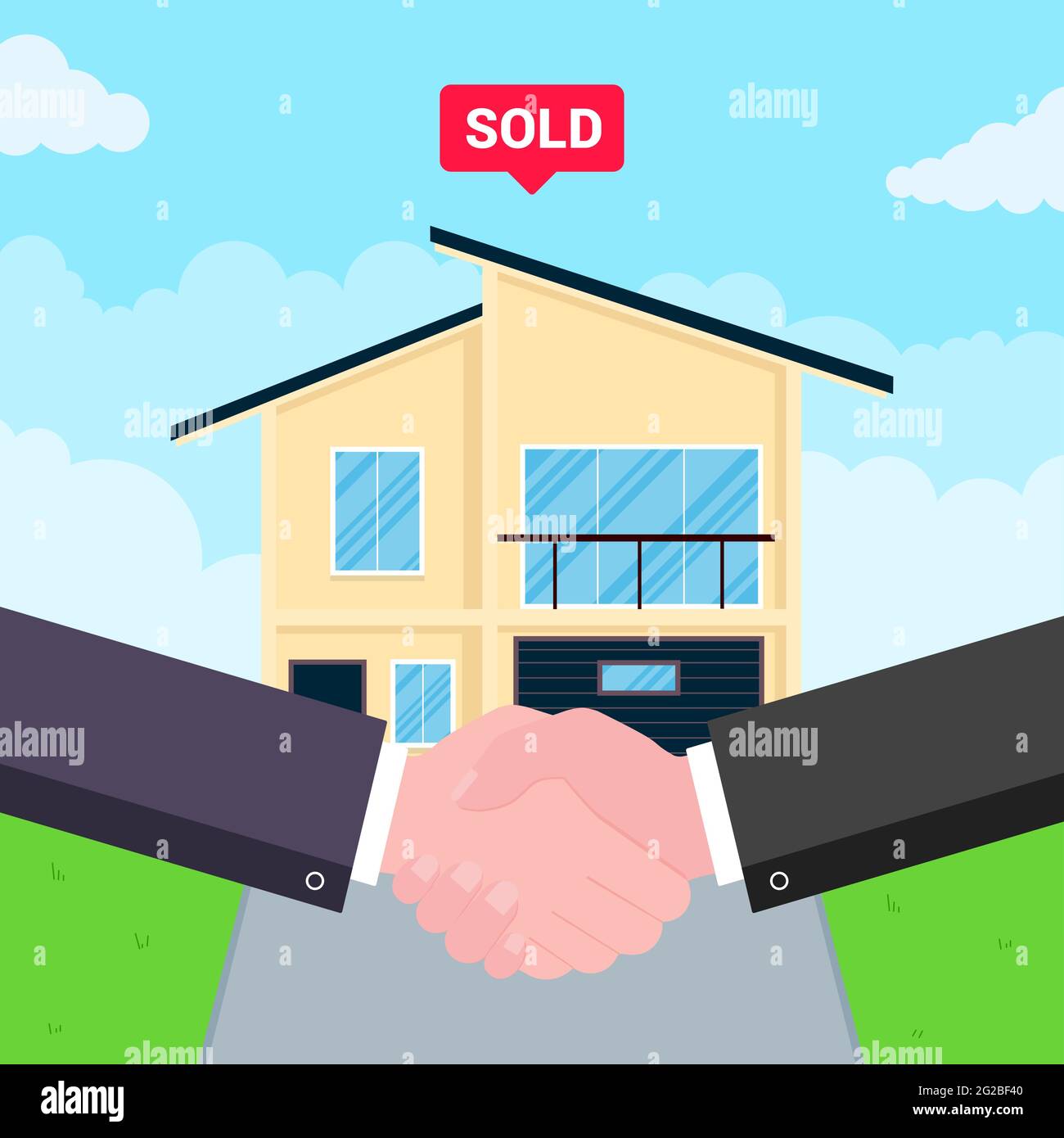 Buying new house on sale. Two hands shaking, big deal agreement flat