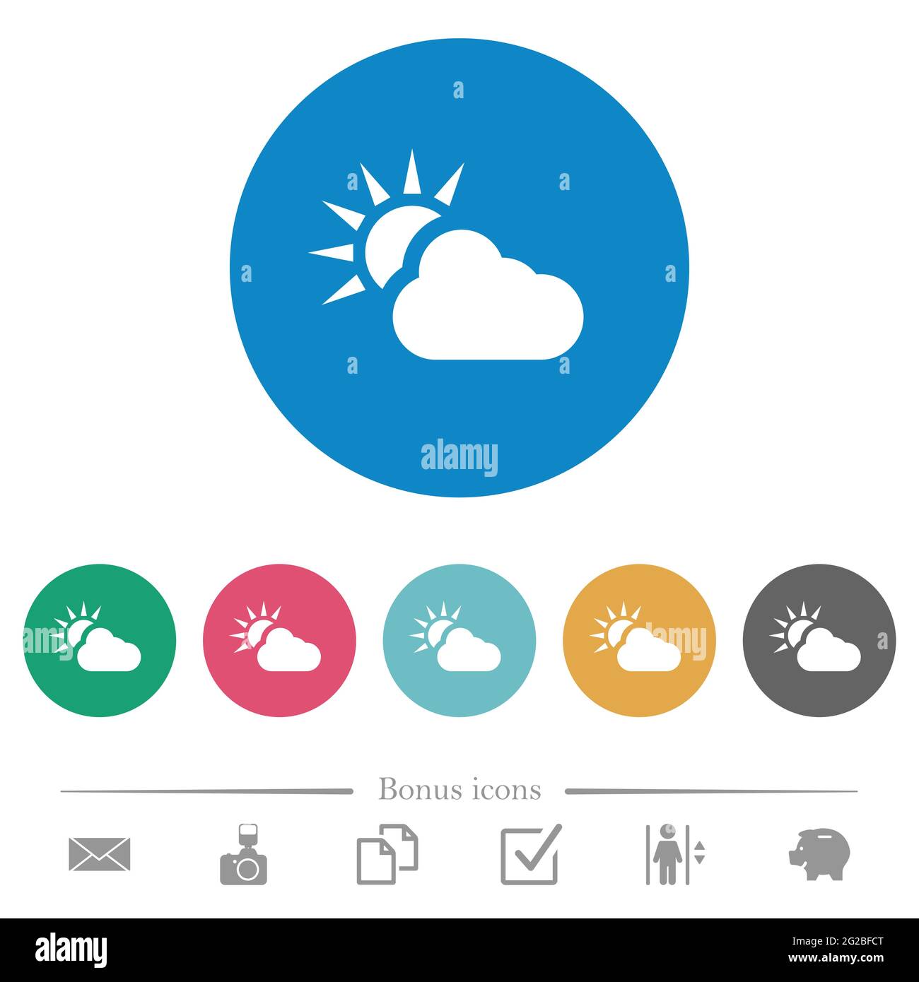 Cloudy weather flat white icons on round color backgrounds. 6 bonus ...