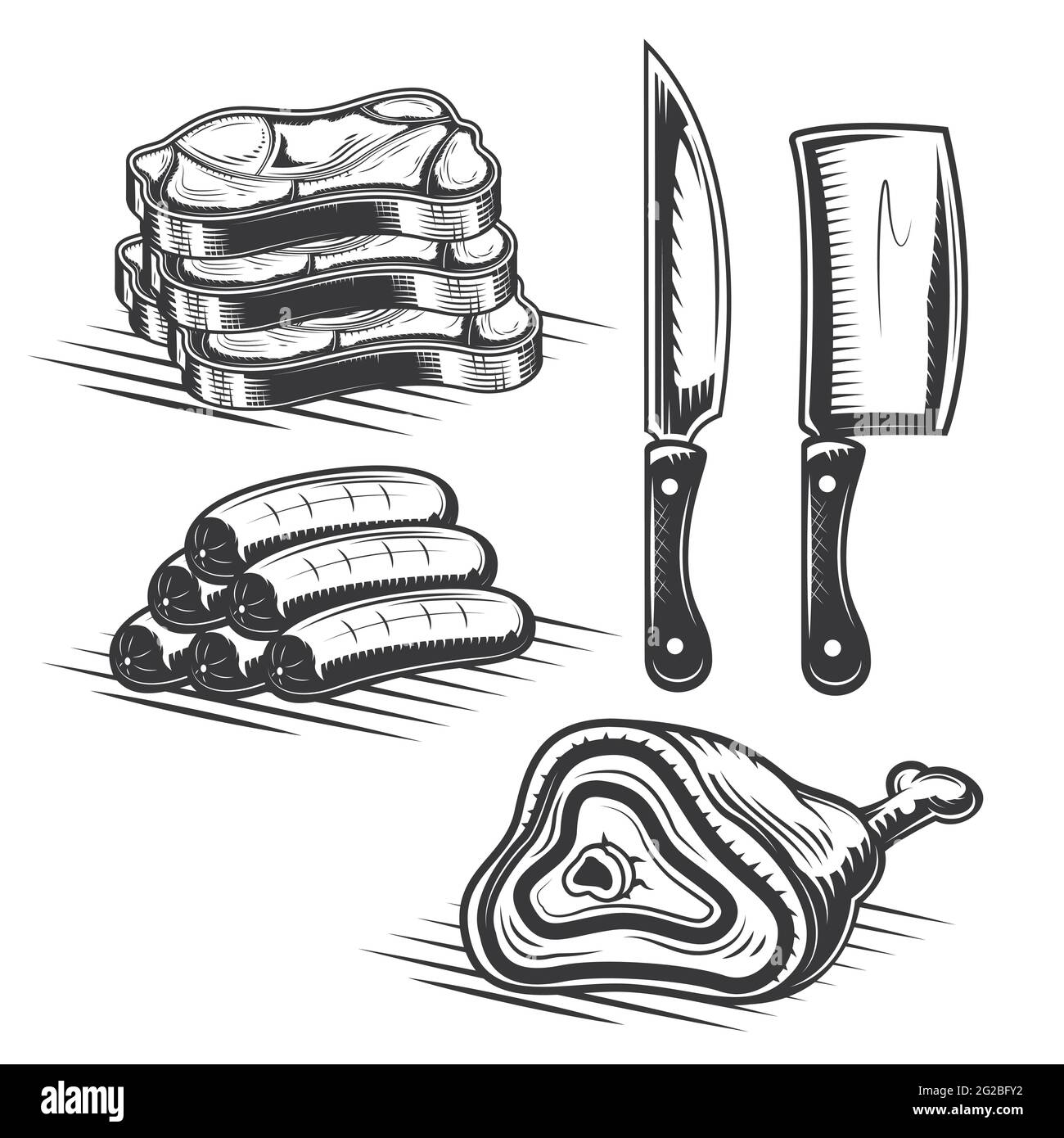 Set of butcher's elements for creating your own badges, logos, labels, posters etc. Isolated on white. Stock Vector