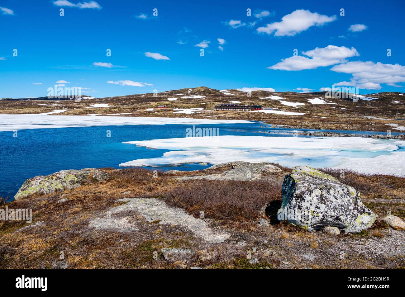 Early summer in the mountains at Hardangervidda in Norway. Still some snow and ice. Stock Photo