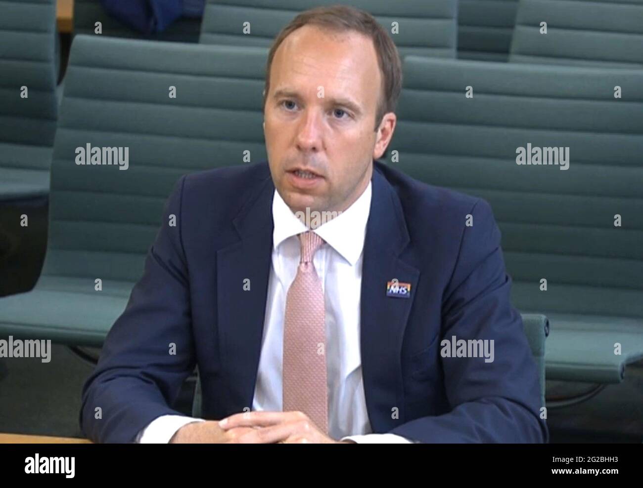 Screen grab of Health Secretary Matt Hancock giving evidence to the Science and Technology Committee and Health and Social Care Committee where he answered questions over allegations Dominic Cummings previously made before the Health and Social Care Committee and Science and Technology Committee. Picture date: Thursday June 10, 2021. Stock Photo
