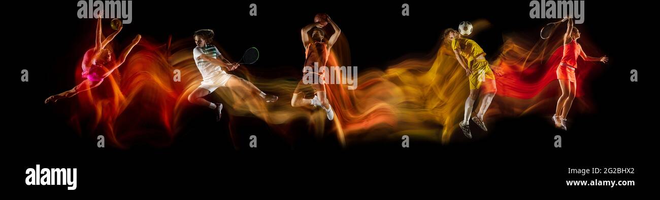 Sportsmen playing basketball, tennis, soccer football, gymnastics on black background in mixed light. Stock Photo