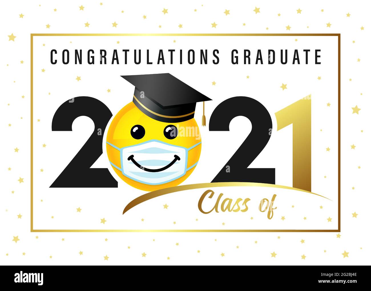 Congratulations Graduate Class of 2021, smile icon in academic cap. Vector illustration black and gold logo congrats ceremony with smiling in hat Stock Vector
