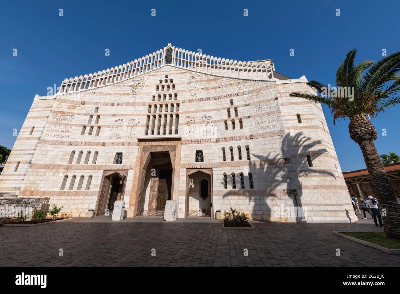 Western facade of the Church of the Annunciation  also referred to as the Basilica of the Annunciation, is a Catholic Church in Nazareth. Israel Stock Photo