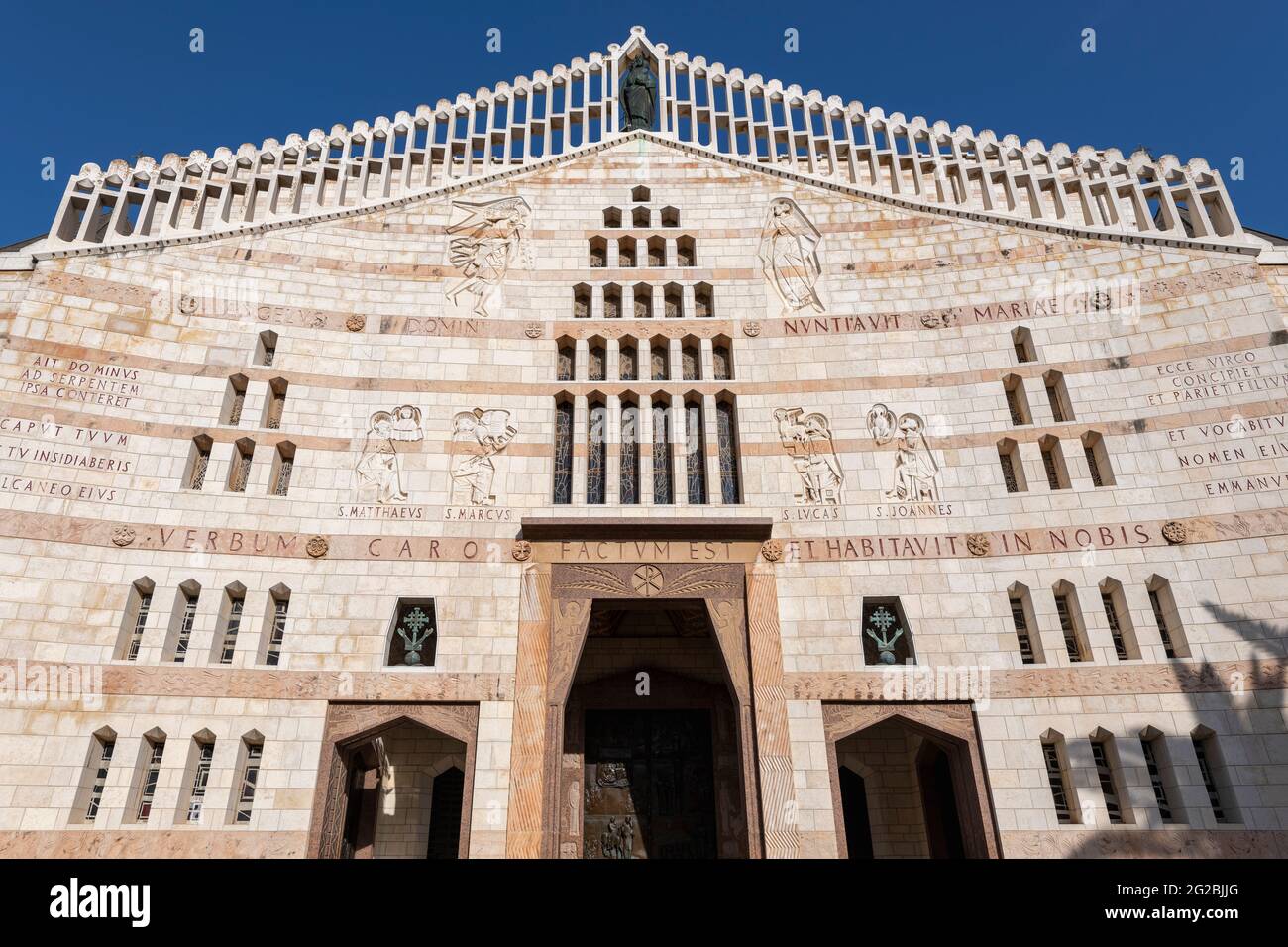 Western facade of the Church of the Annunciation  also referred to as the Basilica of the Annunciation, is a Catholic Church in Nazareth. Israel Stock Photo