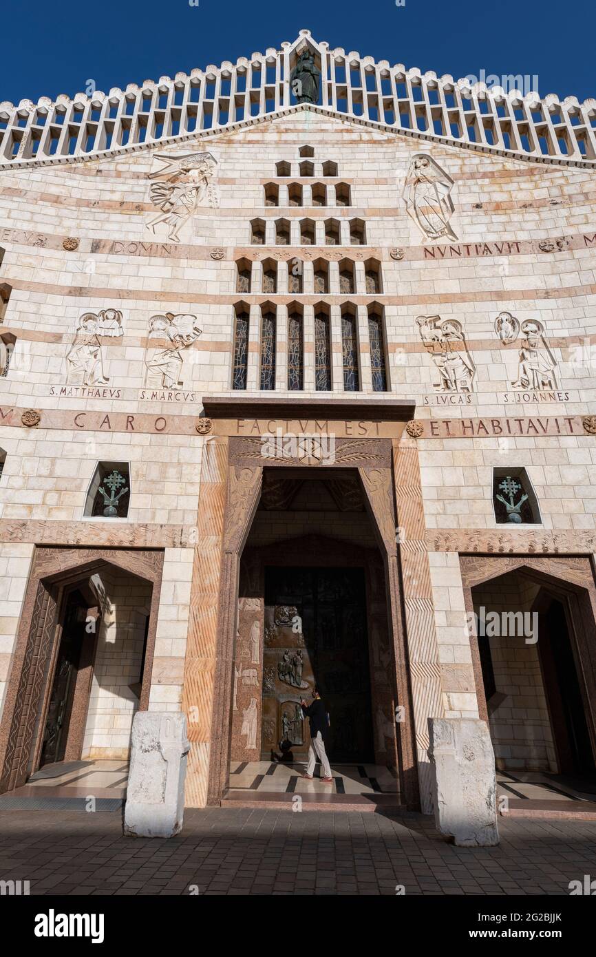 Western facade of the Church of the Annunciation  also referred to as the Basilica of the Annunciation, is a Catholic Church in Nazareth. Israel Stock Photo