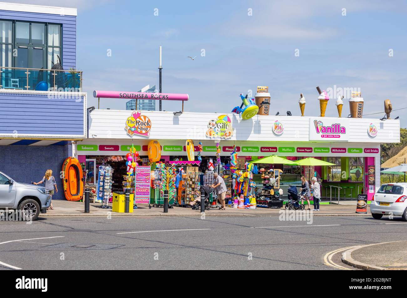 Beach goods holidaymaker gift shops in Clarence Esplanade, Southsea, Portsmouth, Hampshire, south coast England Stock Photo