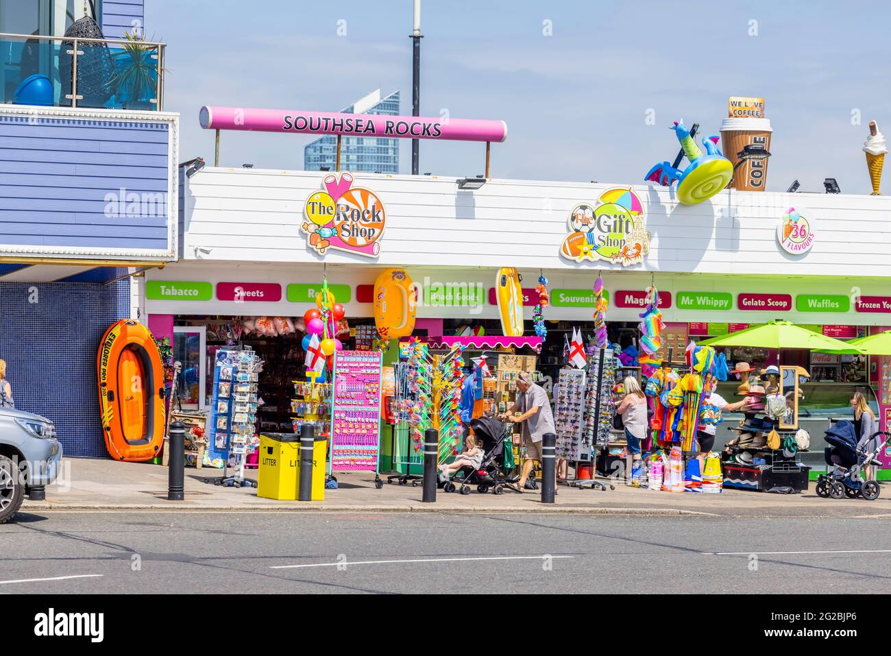 Beach goods holidaymaker gift shops in Clarence Esplanade, Southsea, Portsmouth, Hampshire, south coast England Stock Photo