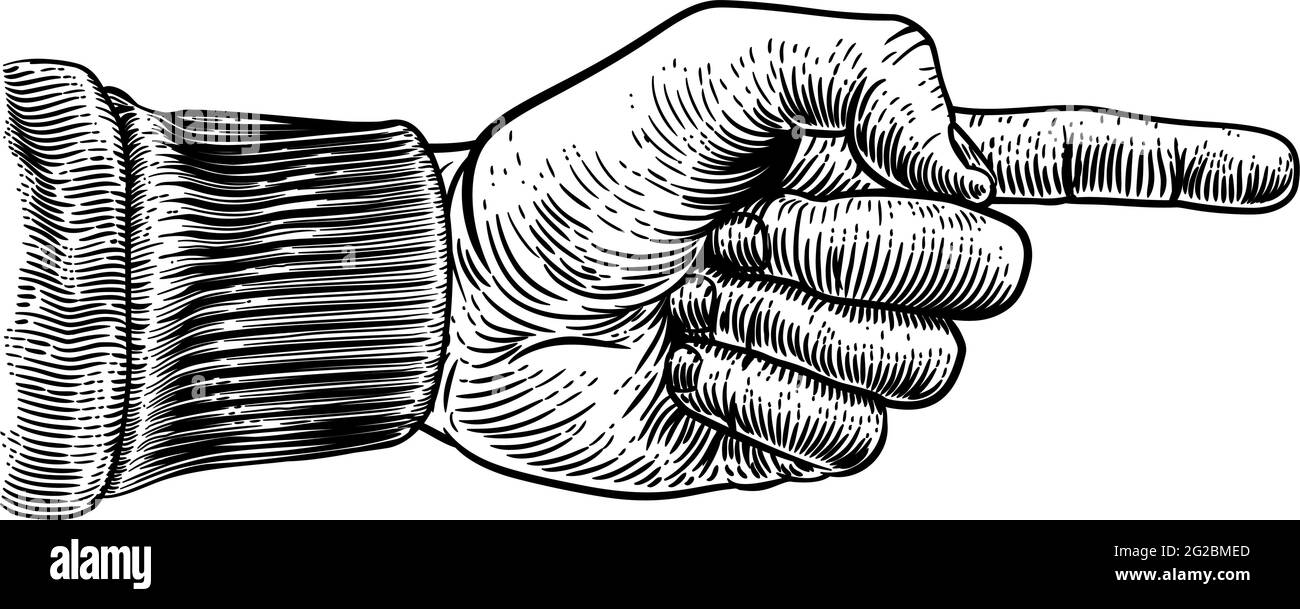Hand Pointing Direction Finger Engraving Woodcut Stock Vector