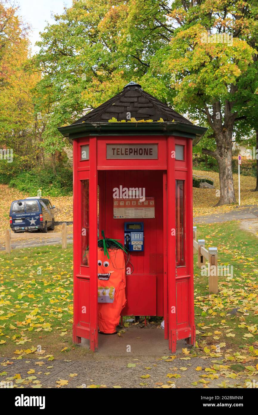 A vintage red phone booth in Arrowtown, New Zealand. Inside is a carrot-shaped scarecrow, a decoration for the town's autumn festival Stock Photo