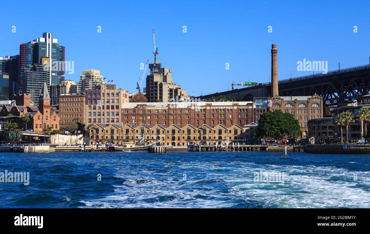 The Rocks, a suburb of Sydney, Australia. The historic Campbell's Stores warehouses (built 1850-1861) and Metcalfe Bond Stores (built 1912-1916) Stock Photo