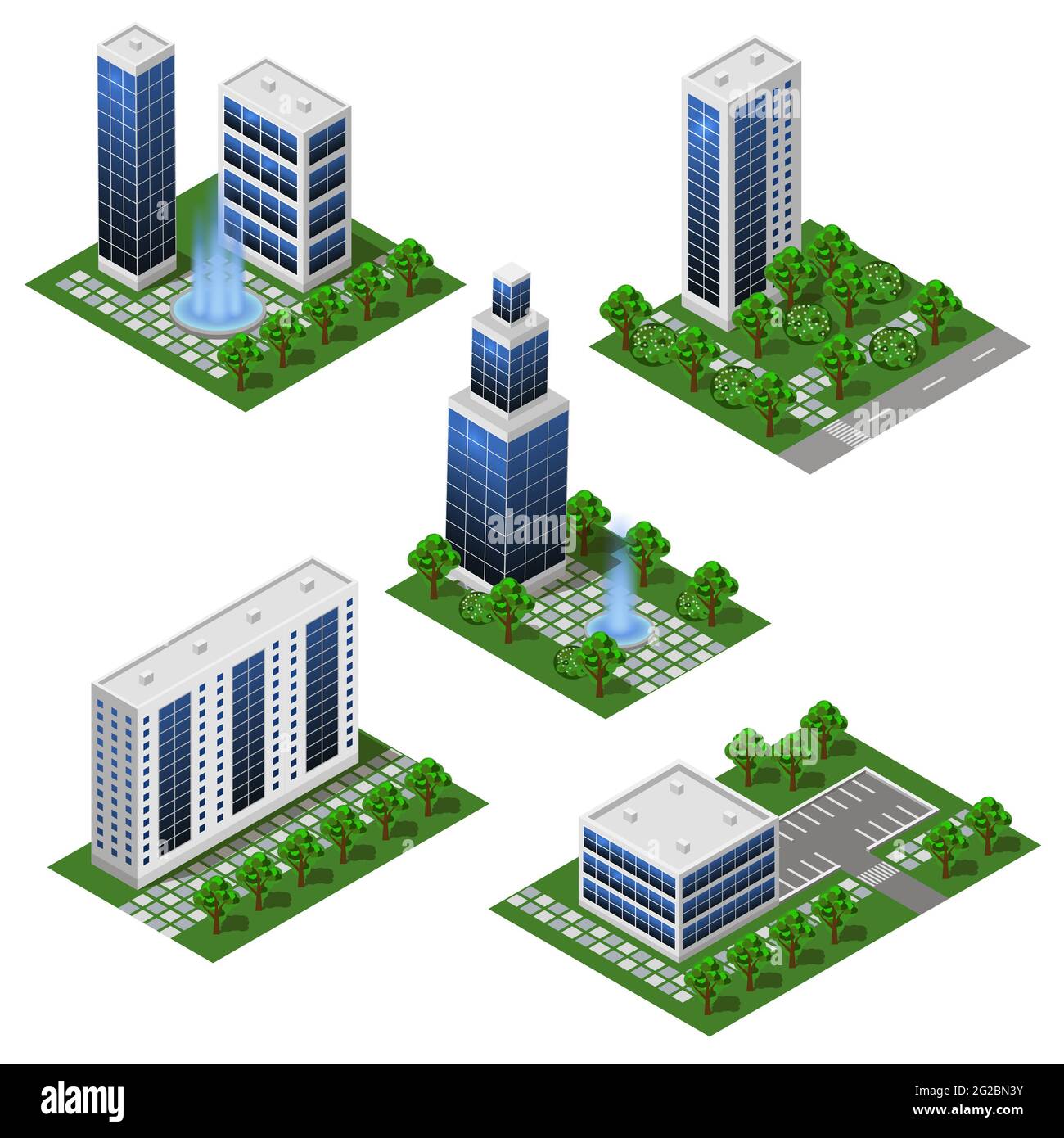 Modern City Buildings. Isometric set of isolated modules in flat style. Big houses and office buildings, street and outdoor park. For urban cityscapes Stock Photo