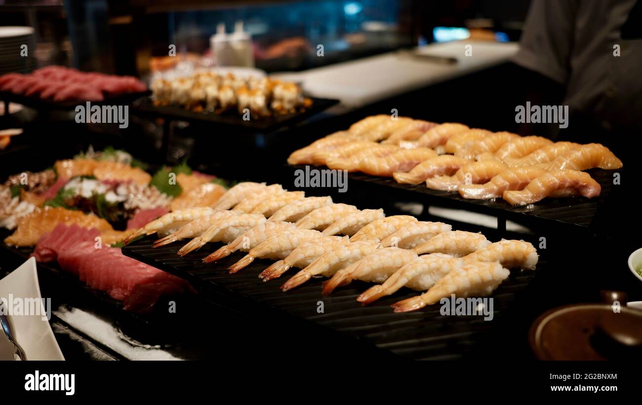 Gourmet Food presentations at a five star buffet Rain Tree Cafe The Athenee Hotel in Bangkok Thailand Stock Photo