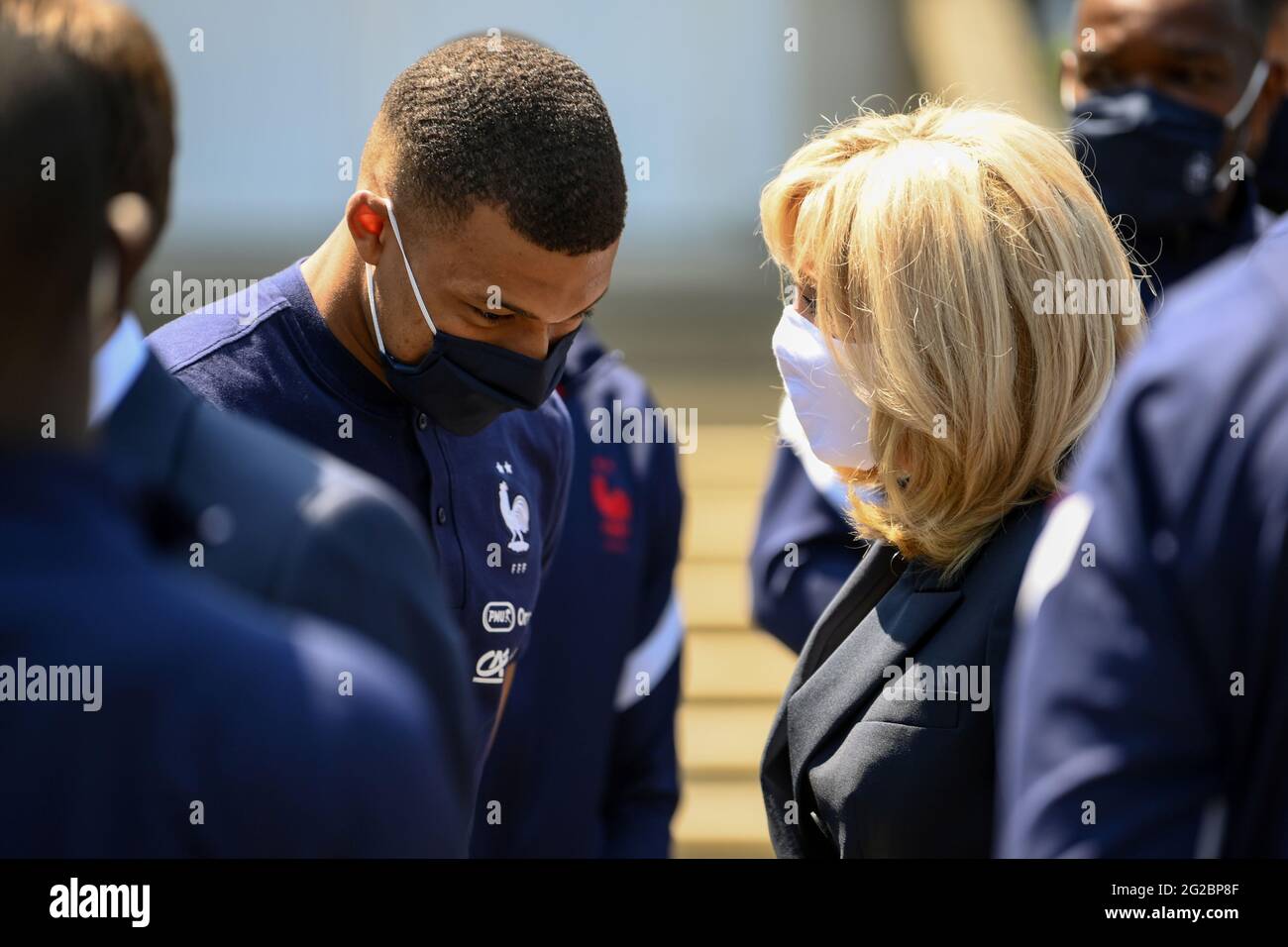 France S Forward Kylian Mbappe Speaks With French President S Wife Brigitte Macron Before A Lunch In Clairefontaine En Yvelines France June 10 21 Ahead Of The Uefa Euro Football Competition Franck Fife Pool Via Reuters