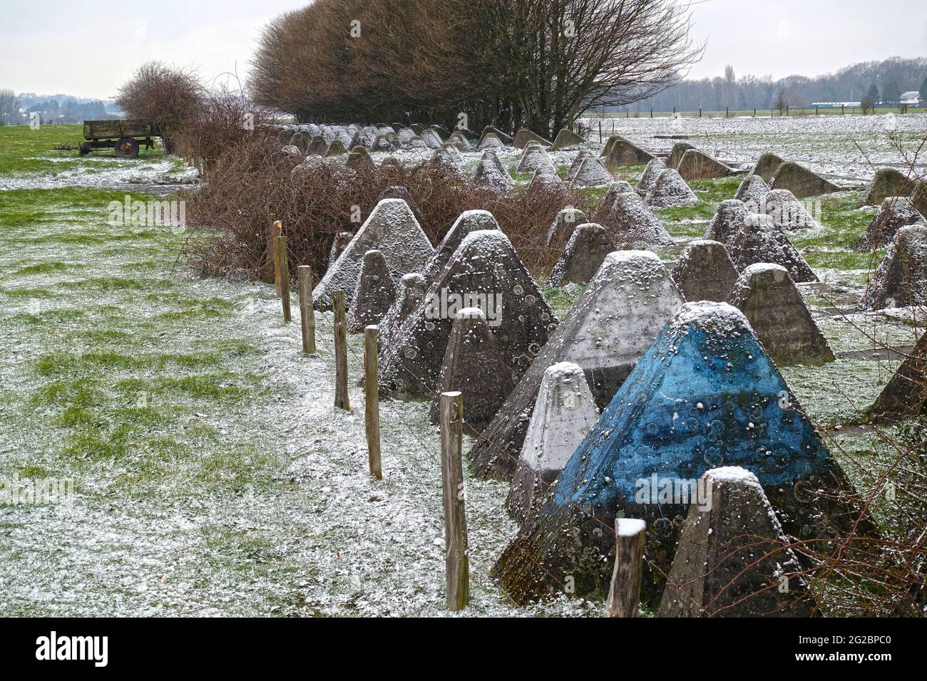 Pyramid-shaped concrete blocks, also called dragon's teeth, as part of the historic Westwall (Siegfried Line), built during World War II. by Germans t Stock Photo