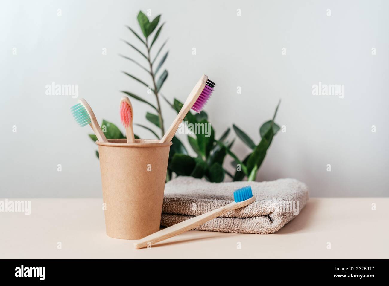 Eco friendly bamboo toothbrushes of different colors in paper cup, zero ...