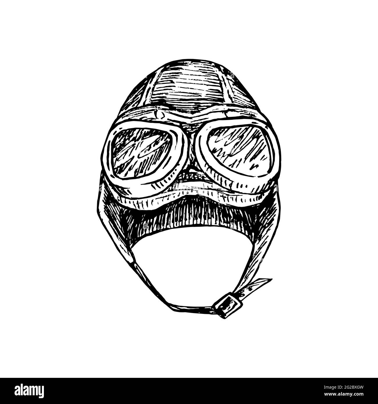 Retro flight helmet,  gravure style ink drawing illustration isolated on white Stock Photo
